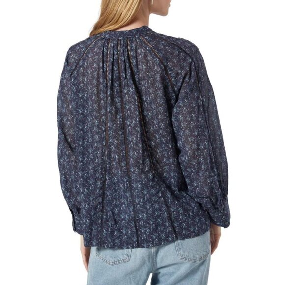 Joie Cotton Boho Blouse Womens Small Blue V-Neck Long Sleeve Dracha Top Summer - Picture 5 of 9